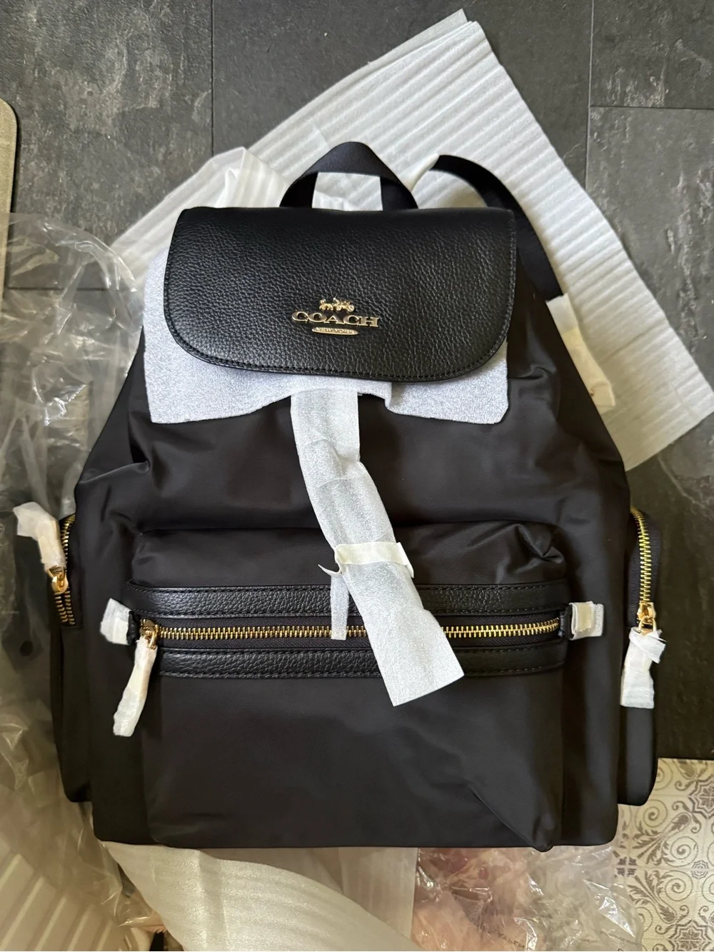 Coach C6808 Baby Diaper Bag Black Nylon Backpack with Gold-Tone Hardware